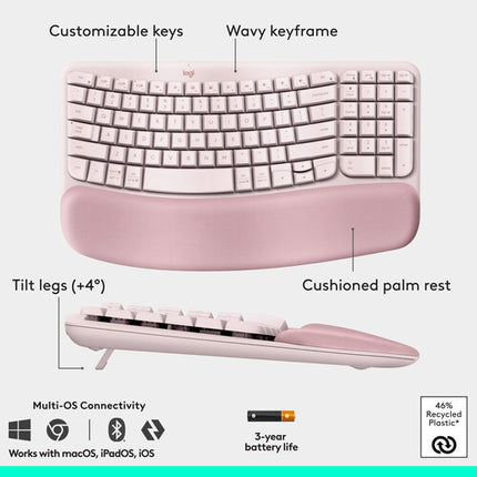 Logitech Wave Keys y Lift Combo Teclado y Ratón Ergonómico Inalámbrico Rose