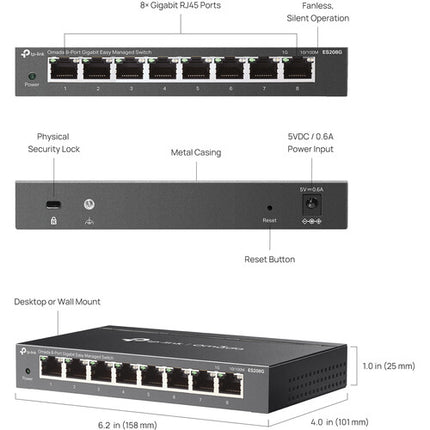 TP-Link Omada ES208G Switch de Red Gestionado 8 Puertos Gigabit 16 Gb/s 11.9 Mpps