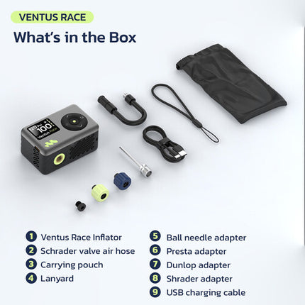 Woowind Ventus Race Inflador Recargable para Neumáticos 120 PSI y 14 L/min con LED y Válvulas Presta Schrader