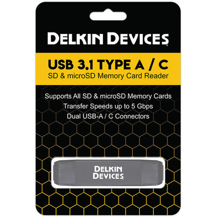 Delkin Devices Lector de Tarjetas SD microSD USB 3.2 Gen 1 con USB-C y USB-A