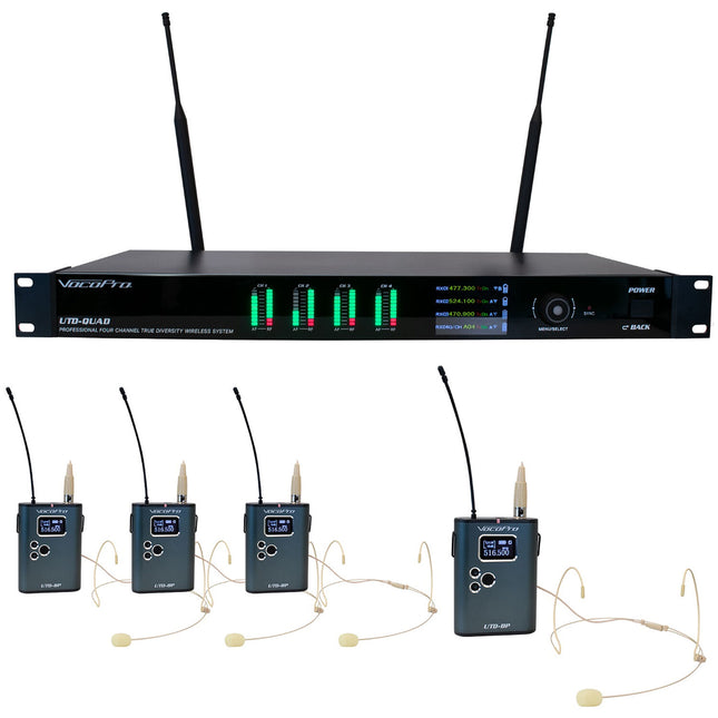 VocoPro UTD-QUAD-PLAY sistema inalámbrico 4 canales 500 MHz con 4 transmisores y micrófonos beige