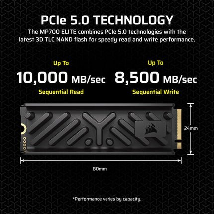 CORSAIR MP700 ELITE 2TB SSD Interno NVMe PCIe 5.0 M.2 2280 con Disipador 10000 MB/s Lectura 8500 MB/s Escritura