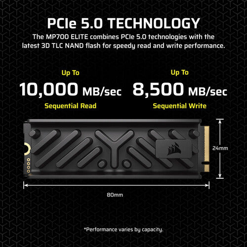 CORSAIR MP700 ELITE 2TB SSD Interno NVMe PCIe 5.0 M.2 2280 con Disipador 10000 MB/s Lectura 8500 MB/s Escritura