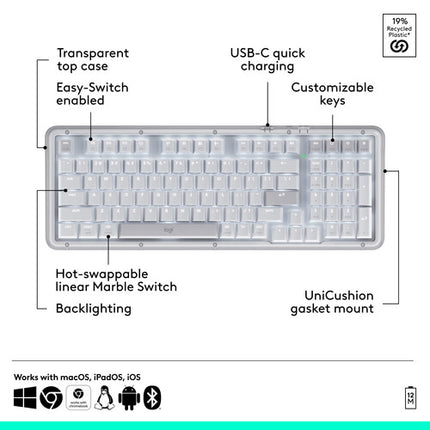 Logitech Alto Keys K98M Teclado Inalámbrico Bluetooth Blanco con Luz Blanca y 12 Meses Batería