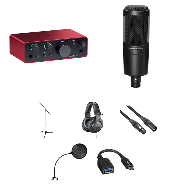 Focusrite Scarlett Solo USB-C Interfaz de Audio 4ª Gen con Micrófono AT2020 Condensador Kit Completo