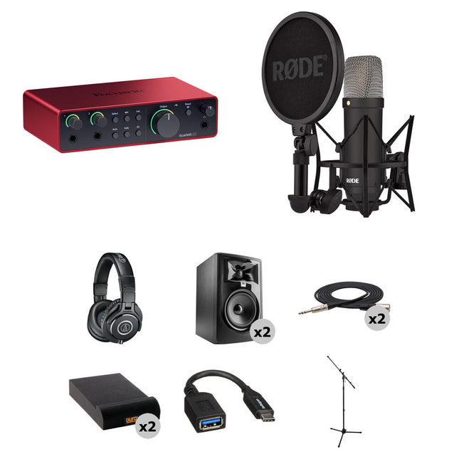 Focusrite Scarlett 2i2 USB-C Interfaz de Audio 4th Gen Micrófono Rode NT1 y Monitores JBL 5"