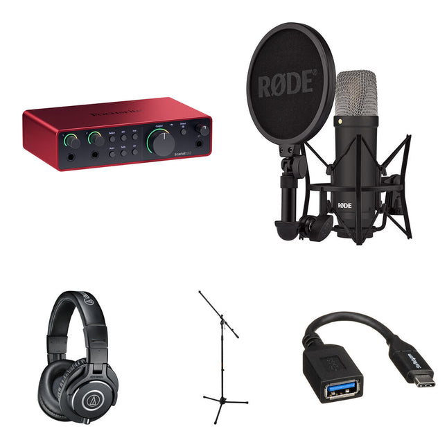 Focusrite Scarlett 2i2 USB-C Interfaz de Audio 4th Gen 24-Bit 192 kHz Kit Completo con Micrófono Rode NT1