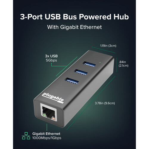 Plugable Hub USB 3.2 Gen 1 3 Puertos con Puerto Ethernet Gigabit y Cable USB-B a C 1.6'
