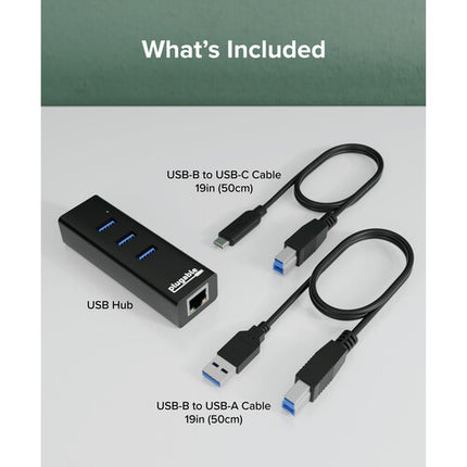 Plugable Hub USB 3.2 Gen 1 3 Puertos con Puerto Ethernet Gigabit y Cable USB-B a C 1.6'
