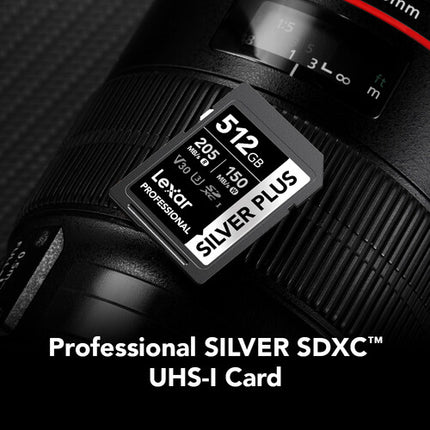 Lexar 512GB Tarjeta de Memoria Profesional SILVER PLUS UHS-I SDXC 205 MB/s lectura 150 MB/s escritura