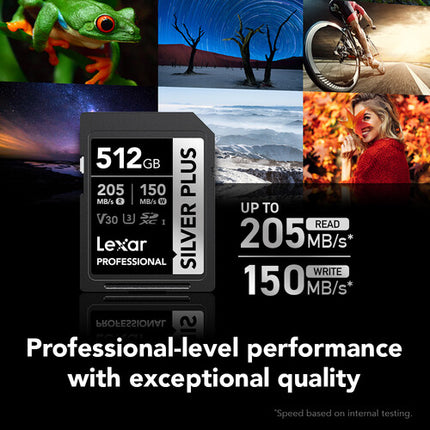 Lexar 512GB Tarjeta de Memoria Profesional SILVER PLUS UHS-I SDXC 205 MB/s lectura 150 MB/s escritura