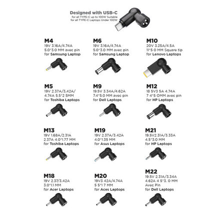 PowerPeak Cargador Universal para Portátil 100W con 13 Puntas Intercambiables
