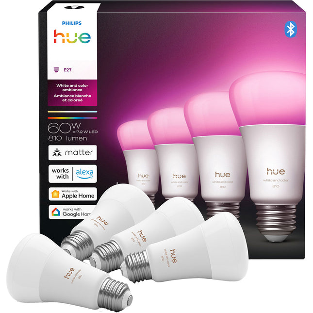 Philips Hue A19 Bombilla Bluetooth con 810 lúmenes y 25000 horas 4 unidades
