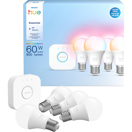 Philips Hue Essential Kit de Bombillas A19 800 Lúmenes 16 Millones de Colores 4 Unidades