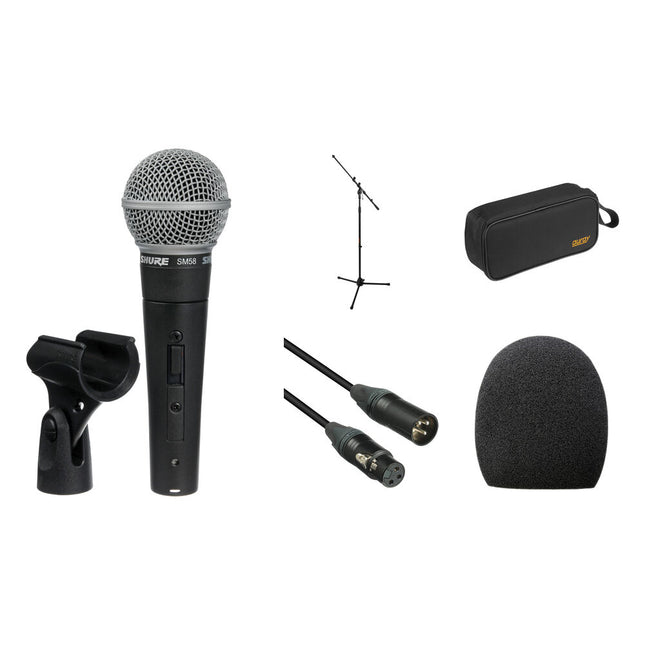 Shure SM58S Micrófono Cardioide Kit con Stand Telescópico Cable XLR 7.62 m Case y Paraviento