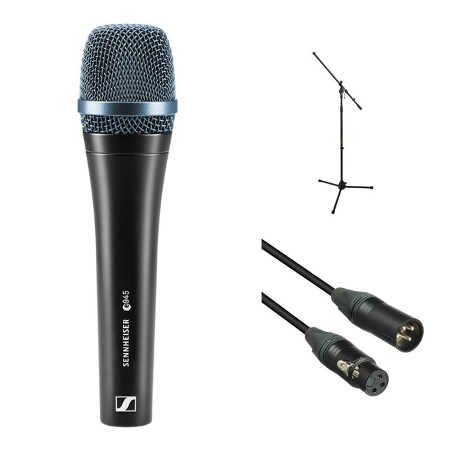 Sennheiser e945 Micrófono Dinámico Supercardioide Kit con Soporte y Cable XLR 25'