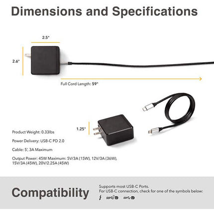 Luxor Adaptador de Pared USB-C para SideTrak 45W con Cable USB-C 5'