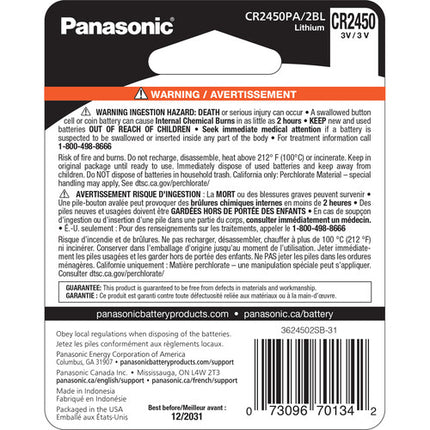Panasonic CR2450 Batería de Litio botón 3 Volt 8 años 2-Pack