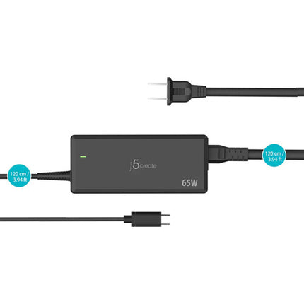 j5create 65W Adaptador de Corriente USB-C PD Cable Integrado 3.9 Pies