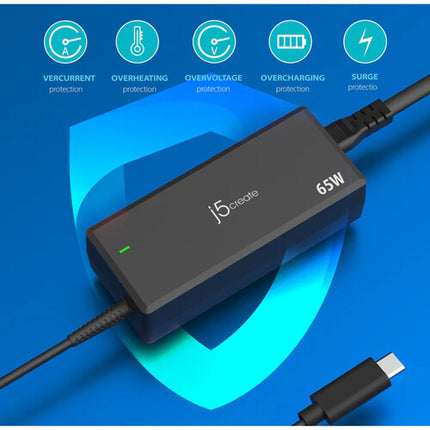 j5create 65W Adaptador de Corriente USB-C PD Cable Integrado 3.9 Pies