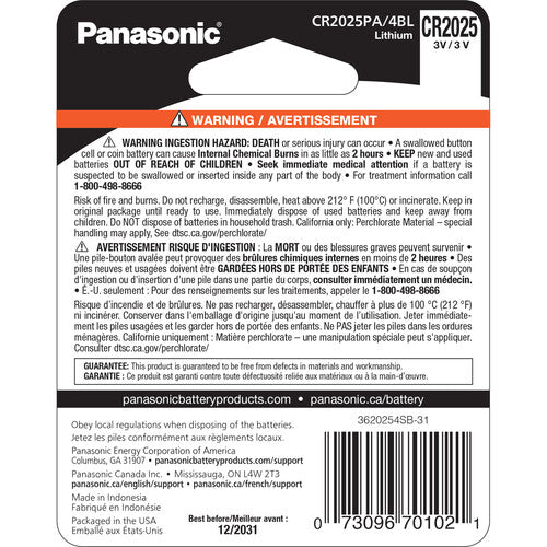 Batería de Litio Panasonic CR2025 3V Resistente a Niños Paquete 4 unidades