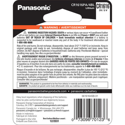 Batería de moneda de litio Panasonic CR1616 3V 8 años 4 unidades