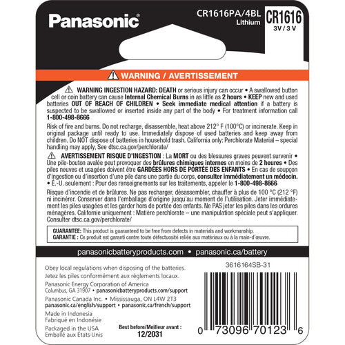 Batería de moneda de litio Panasonic CR1616 3V 8 años 4 unidades