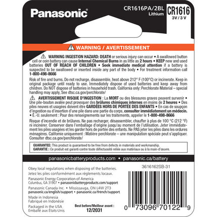 Panasonic CR1616 Batería de Litio Moneda 3.0V Pack de 2 8 Años Vida