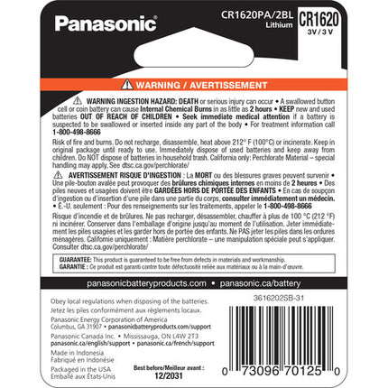 Panasonic CR1620 Pilas de Litio Botón 3V 8 Años Vida 2 Unidades
