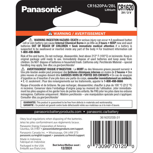 Panasonic CR1620 Pilas de Litio Botón 3V 8 Años Vida 2 Unidades