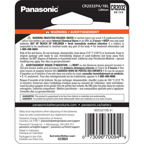 Panasonic CR2032 Batería de Litio de Moneda 3V Vida útil 8 años