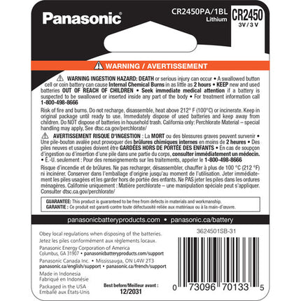Panasonic CR2450 Batería de Litio Moneda 3V 8 Años Vida Útil
