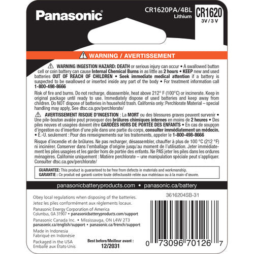 Panasonic CR1620 Batería de Litio 3 Voltios Paquete de 4 Piezas