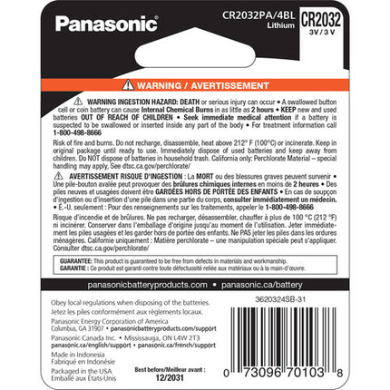 Panasonic CR2032 Batería de Litio Tipo Moneda 3V 8 Años 4 Unidades