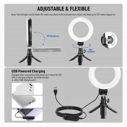 Neewer BASICS BR60 Luz Anular LED Bicolor 5 Pulgadas 10W 3000-6000K Con Tripié y Clip