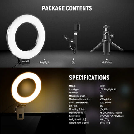 Neewer BASICS BR60 Luz Anular LED Bicolor 5 Pulgadas 10W 3000-6000K Con Tripié y Clip