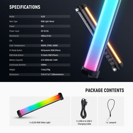 Neewer SL30 RGB Varita LED Magnética 120 Minutos 2700-6500K RGB