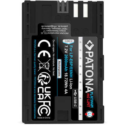 PATONA Platinum LP-E6P Batería USB-C 2600mAh para Canon EOS