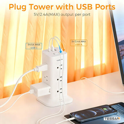 Tessan Regleta Torre 12 Enchufes 3 Puertos USB Protección 900J 1.8m