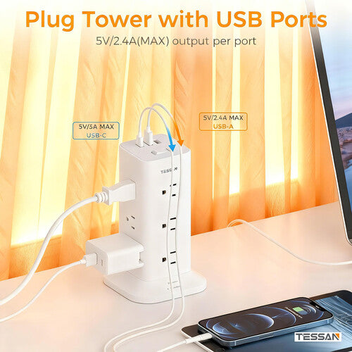 Tessan Regleta Torre 12 Enchufes 3 Puertos USB Protección 900J 1.8m