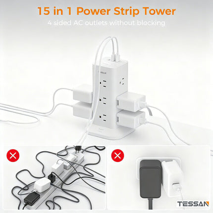 Tessan Regleta Torre 12 Enchufes 3 Puertos USB Protección 900J 1.8m