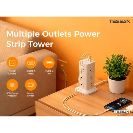 Tessan Regleta Torre 12 Enchufes 3 Puertos USB Protección 900J 1.8m