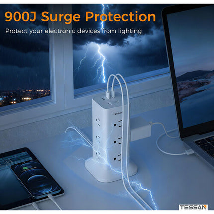 Tessan Regleta Torre 12 Enchufes 3 Puertos USB Protección 900J 1.8m