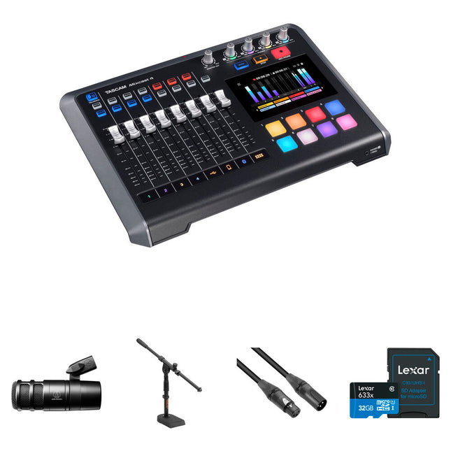 TASCAM Mixcast Kit de Podcast con Mixer 4 Canales Micrófono Audio-Technica y Soporte Boom