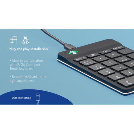 R-Go Tools Wired Numpad Break Teclado Numérico USB-C Ergonomía LED Negro