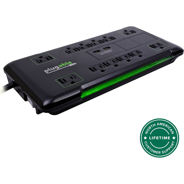 Plugable Regleta Eléctrica 12 Tomas 2 Puertos USB 25ft Cable