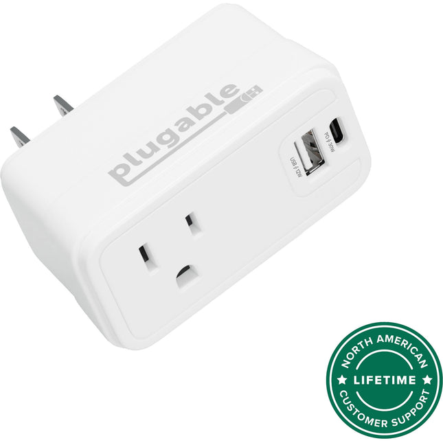 Plugable Extensor de Toma de Pared Blanco con Puerto USB-C 30W USB-A 12W
