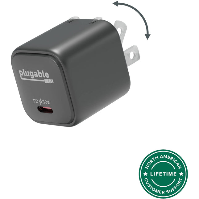 Cargador de Pared Plugable 30W GaN USB-C Negro con Puerto PD y Enchufe Plegable