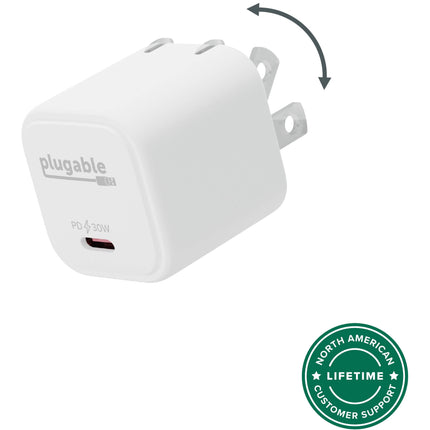 Plugable Cargador de Pared USB-C GaN 30W Blanco con Tecnología Inteligente