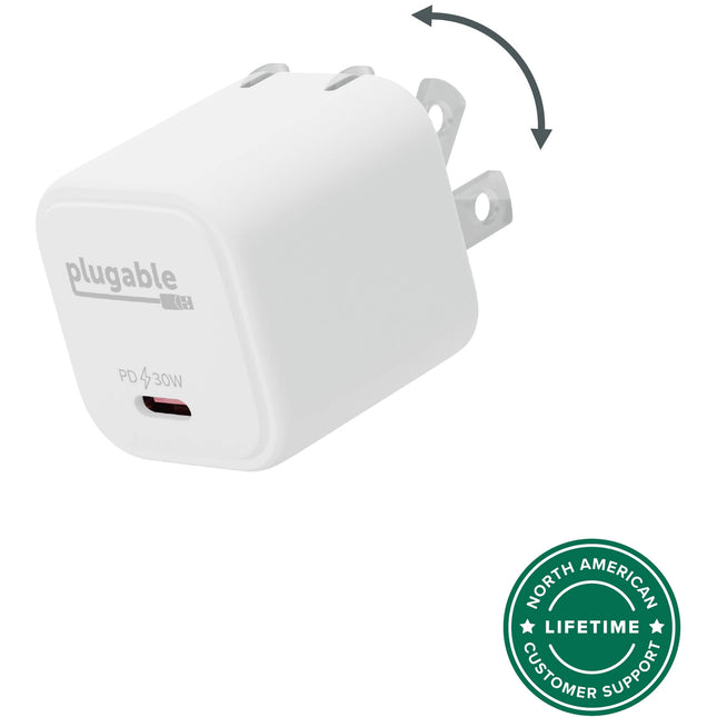 Plugable Cargador de Pared USB-C GaN 30W Blanco con Tecnología Inteligente